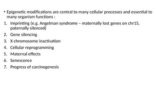 • Epigenetic modifications are central to many cellular processes and essential to
many organism functions :
1. Imprinting (e.g. Angelman syndrome – maternally lost genes on chr15,
paternally silenced)
2. Gene silencing
3. X chromosome inactivation
4. Cellular reprogramming
5. Maternal effects
6. Senescence
7. Progress of carcinogenesis
 