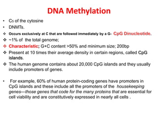 DNA Methylation
• C5 of the cytosine
• DNMTs.
 Occurs exclusively at C that are followed immediately by a G-
 ~1% of the total genome;
 Characteristic; G+C content >50% and minimum size; 200bp
 Present at 10 times their average density in certain regions, called CpG
islands.
 The human genome contains about 20,000 CpG islands and they usually
include promoters of genes.
• For example, 60% of human protein-coding genes have promoters in
CpG islands and these include all the promoters of the housekeeping
genes—those genes that code for the many proteins that are essential for
cell viability and are constitutively expressed in nearly all cells .
 