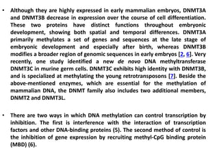 • Although they are highly expressed in early mammalian embryos, DNMT3A
and DNMT3B decrease in expression over the course of cell differentiation.
These two proteins have distinct functions throughout embryonic
development, showing both spatial and temporal differences. DNMT3A
primarily methylates a set of genes and sequences at the late stage of
embryonic development and especially after birth, whereas DNMT3B
modifies a broader region of genomic sequences in early embryos [2, 6]. Very
recently, one study identified a new de novo DNA methyltransferase
DNMT3C in murine germ cells. DNMT3C exhibits high identity with DNMT3B,
and is specialized at methylating the young retrotransposons [7]. Beside the
above-mentioned enzymes, which are essential for the methylation of
mammalian DNA, the DNMT family also includes two additional members,
DNMT2 and DNMT3L.
• There are two ways in which DNA methylation can control transcription by
inhibition. The first is interference with the interaction of transcription
factors and other DNA-binding proteins (5). The second method of control is
the inhibition of gene expression by recruiting methyl-CpG binding protein
(MBD) (6).
 