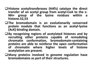 Histone acetyltransferases (HATs) catalyze the direct
transfer of an acetyl group from acetyl-CoA to the ε-
NH+ group of the lysine residues within a
histone.52,53
The bromodomain is an evolutionarily conserved
protein module that functions as an acetyl-lysine
(AcK)-binding domain.
By recognizing regions of acetylated histones and by
recruiting other proteins capable of remodeling
chromatin conformation, bromodomain-containing
proteins are able to reinforce the open conformation
of chromatin where higher levels of histone
acetylation are present.
Many proteins involved in genome regulation have
bromodomains as part of their structures.
 