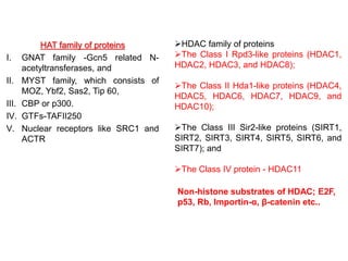 HAT family of proteins
I. GNAT family -Gcn5 related N-
acetyltransferases, and
II. MYST family, which consists of
MOZ, Ybf2, Sas2, Tip 60,
III. CBP or p300.
IV. GTFs-TAFII250
V. Nuclear receptors like SRC1 and
ACTR
HDAC family of proteins
The Class I Rpd3-like proteins (HDAC1,
HDAC2, HDAC3, and HDAC8);
The Class II Hda1-like proteins (HDAC4,
HDAC5, HDAC6, HDAC7, HDAC9, and
HDAC10);
The Class III Sir2-like proteins (SIRT1,
SIRT2, SIRT3, SIRT4, SIRT5, SIRT6, and
SIRT7); and
The Class IV protein - HDAC11
Non-histone substrates of HDAC; E2F,
p53, Rb, Importin-α, β-catenin etc..
 