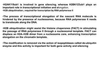 •H2AK119ub1 is involved in gene silencing, whereas H2BK123ub1 plays an
important role in transcriptional initiation and elongation.
•H2B ubiquitination ; required for transcription by RNA polymerase II
•The process of transcriptional elongation of the nascent RNA molecule is
hindered by the presence of nucleosomes, because RNA polymerase II needs
to translocate along the DNA.
•H2B ubiquitination might assist the histone chaperones (FACT) in stimulating
the passage of RNA polymerase II through a nucleosomal template. FACT can
displace an H2A–H2B dimer from a nucleosome core, enhancing transcription
elongation on the chromatin template.
•The modification is removed via the action of isopeptidases called de-ubiquitin
enzyme and this activity is important for both gene activity and silencing
 