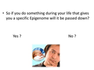 • So if you do something during your life that gives
  you a specific Epigenome will it be passed down?



      Yes ?                            No ?
 