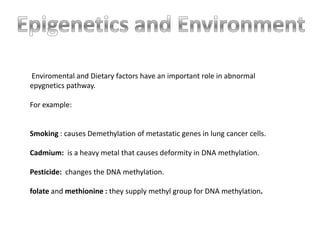 Enviromental and Dietary factors have an important role in abnormal
epygnetics pathway.

For example:


Smoking : causes Demethylation of metastatic genes in lung cancer cells.

Cadmium: is a heavy metal that causes deformity in DNA methylation.

Pesticide: changes the DNA methylation.

folate and methionine : they supply methyl group for DNA methylation.
 
