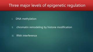 Three major levels of epigenetic regulation
I. DNA methylation
II. chromatin remodeling by histone modification
III. RNA interference
 