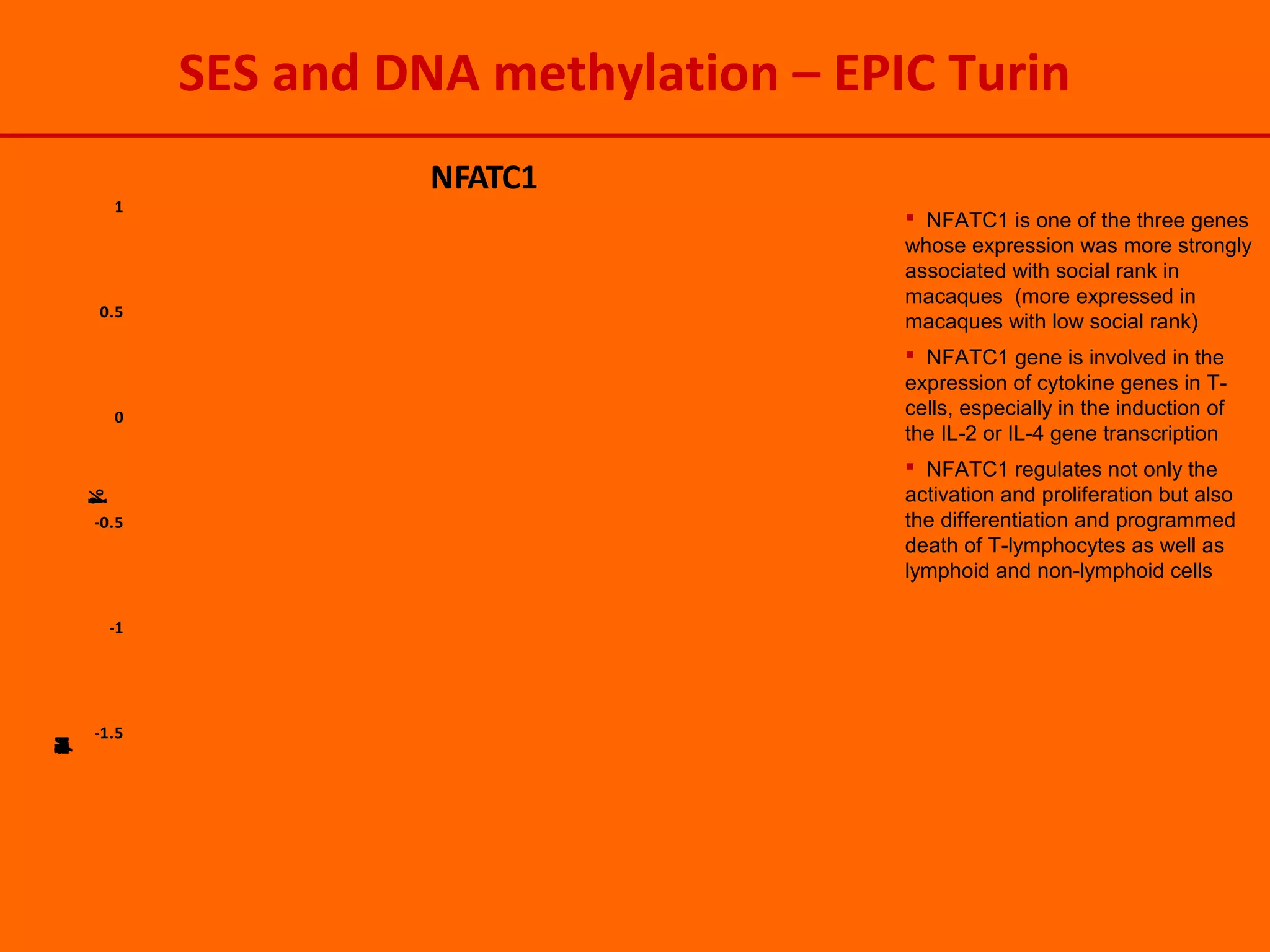 -1.5
-1
-0.5
0
0.5
1
MethylationdifferencebetweenSESextremes
(%)
NFATC1
 NFATC1 is one of the three genes
whose expression was more strongly
associated with social rank in
macaques (more expressed in
macaques with low social rank)
 NFATC1 gene is involved in the
expression of cytokine genes in T-
cells, especially in the induction of
the IL-2 or IL-4 gene transcription
 NFATC1 regulates not only the
activation and proliferation but also
the differentiation and programmed
death of T-lymphocytes as well as
lymphoid and non-lymphoid cells
SES and DNA methylation – EPIC Turin
 