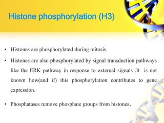 Histone phosphorylation (H3)
• Histones are phosphorylated during mitosis.
• Histones are also phosphorylated by signal transduction pathways
like the ERK pathway in response to external signals .It is not
known how(and if) this phosphorylation contributes to gene
expression.
• Phosphatases remove phosphate groups from histones.
 