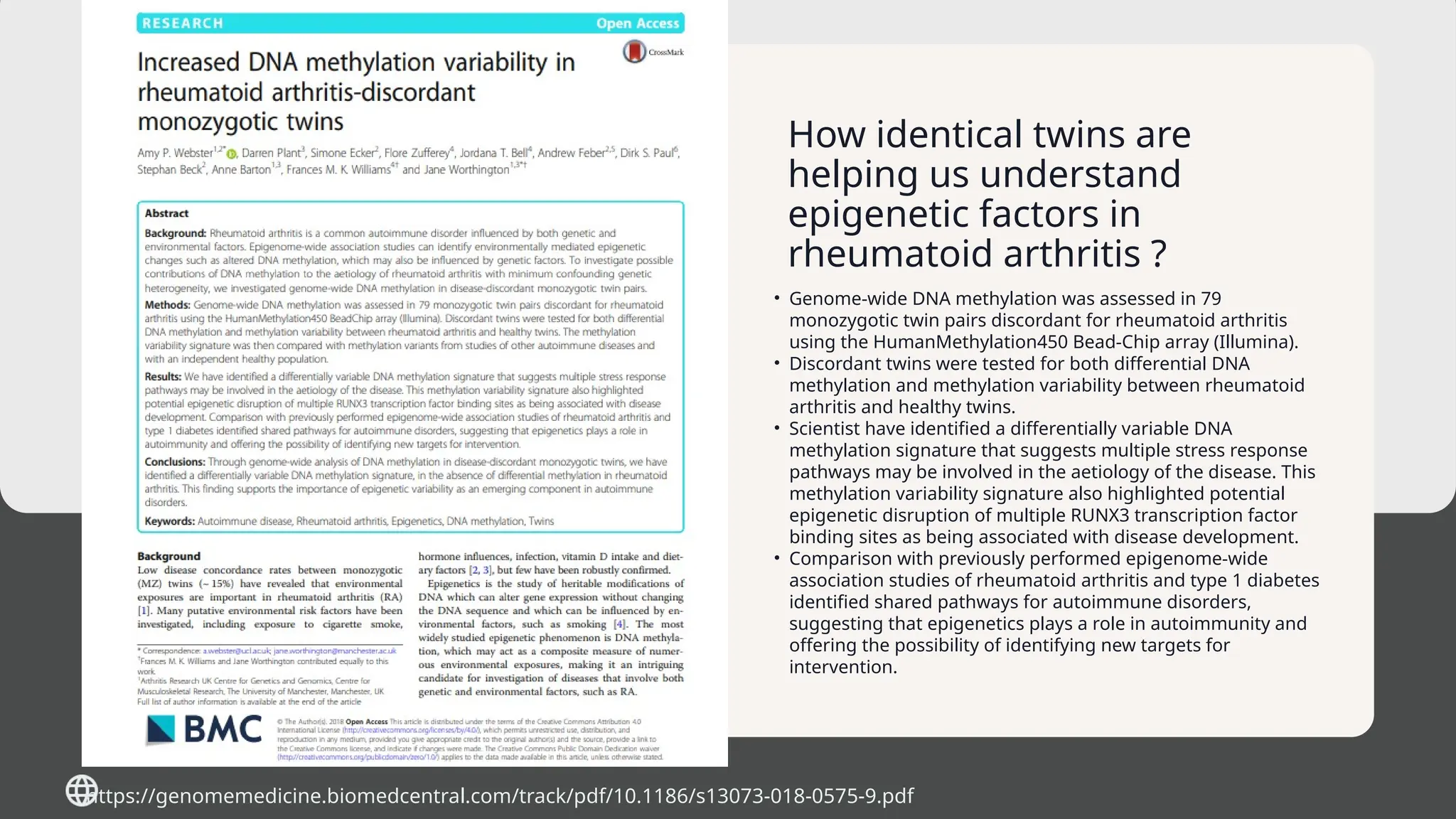 https://genomemedicine.biomedcentral.com/track/pdf/10.1186/s13073-018-0575-9.pdf
How identical twins are
helping us understand
epigenetic factors in
rheumatoid arthritis ?
• Genome-wide DNA methylation was assessed in 79
monozygotic twin pairs discordant for rheumatoid arthritis
using the HumanMethylation450 Bead-Chip array (Illumina).
• Discordant twins were tested for both differential DNA
methylation and methylation variability between rheumatoid
arthritis and healthy twins.
• Scientist have identified a differentially variable DNA
methylation signature that suggests multiple stress response
pathways may be involved in the aetiology of the disease. This
methylation variability signature also highlighted potential
epigenetic disruption of multiple RUNX3 transcription factor
binding sites as being associated with disease development.
• Comparison with previously performed epigenome-wide
association studies of rheumatoid arthritis and type 1 diabetes
identified shared pathways for autoimmune disorders,
suggesting that epigenetics plays a role in autoimmunity and
offering the possibility of identifying new targets for
intervention.
 