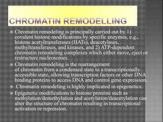  Chromatin remodeling is principally carried out by 1)
covalent histone modifications by specific enzymes, e.g.,
histone acetyltransferases (HATs), deacetylases,
methyltransferases, and kinases, and 2) ATP-dependent
chromatin remodeling complexes which either move, eject or
restructure nucleosomes.
 Chromatin remodeling is the rearrangement
of chromatin from a condensed state to a transcriptionally
accessible state, allowing transcription factors or other DNA
binding proteins to access DNA and control gene expression.
 Chromatin remodeling is highly implicated in epigenetics.
 Epigenetic modifications to histone proteins such as
methylation/demethylation and acetylation/deacetylation can
alter the structure of chromatin resulting in transcriptional
activation or repression.
 