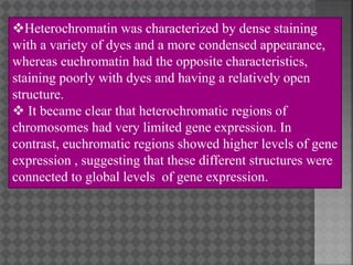 Heterochromatin was characterized by dense staining
with a variety of dyes and a more condensed appearance,
whereas euchromatin had the opposite characteristics,
staining poorly with dyes and having a relatively open
structure.
 It became clear that heterochromatic regions of
chromosomes had very limited gene expression. In
contrast, euchromatic regions showed higher levels of gene
expression , suggesting that these different structures were
connected to global levels of gene expression.
 