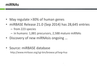 miRNAs
• May regulate >30% of human genes
• miRBASE Release 21.0 (Sep 2014) has 28,645 entries
– from 223 species
– in humans: 1,881 precursors, 2,588 mature miRNAs
• Discovery of new miRNAsis ongoing …
• Source: miRBASE database
http://www.mirbase.org/cgi-bin/browse.pl?org=hsa
 