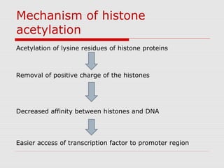 Mechanism of histone
acetylation
Acetylation of lysine residues of histone proteins
Removal of positive charge of the histones
Decreased affinity between histones and DNA
Easier access of transcription factor to promoter region
 