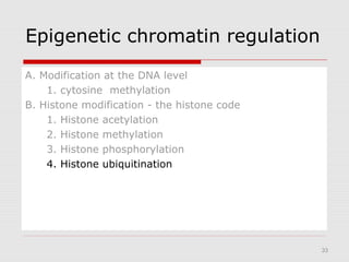 33
Epigenetic chromatin regulation
A. Modification at the DNA level
1. cytosine methylation
B. Histone modification - the histone code
1. Histone acetylation
2. Histone methylation
3. Histone phosphorylation
4. Histone ubiquitination
 