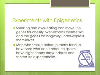 Experiments with Epigenetics
 Smoking    and over-eating can make the
  genes for obesity over-express themselves
  and the genes for longevity under-express
  themselves.
 Men who smoke before puberty tend to
  have sons who can’t produce sperm,
  have higher body mass indexes and
  shorter life expectancies.
 