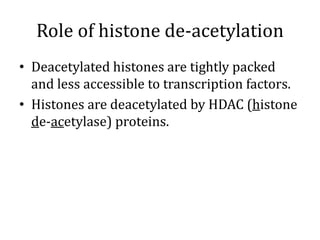 Role of histone de-acetylation
• Deacetylated histones are tightly packed
and less accessible to transcription factors.
• Histones are deacetylated by HDAC (histone
de-acetylase) proteins.
 