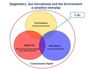 Environment
Epigenome Microbiome
Life
Consciousness-Spirit
Internal environmental
External environmental
Record of the chemical changes
to the DNA and histone
Epigenetics, Gut microbiome and the Environment
a sensitive interplay
 