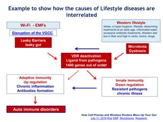 Wi-Fi - EMFs
Disruption of the VGCC.
Leaky Barriers
leaky gut
How Cell Phones and Wireless Routers Mess Up Your Gut
July 11, 2016 Rob EMF, Microbiome, Research
Microbiota
Dysbiosis
VDR deactivation
Ligand from pathogens
1400 genes out of order
Innate immunity
Down regulation
Resistant pathogens
chronic illness
Adaptive immunity
Up regulation
Chronic inflammation
Antibodies formation
Auto immune disorders
Example to show how the causes of Lifestyle diseases are
interrelated
Western lifestyle
stress, a hyper-hygienic lifestyle ,deworming
treatments at an early age, chlorinated water,
excessive antibiotic treatments, Western diet
low in fiber and high in carbs, toxins, drugs.
 