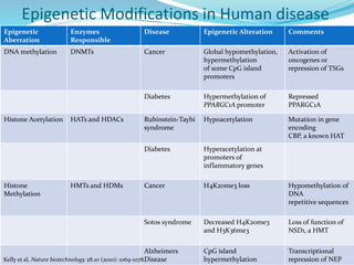 Epigenetic Modifications in Human disease
Epigenetic
Aberration
Enzymes
Responsible
Disease Epigenetic Alteration Comments
DNA methylation DNMTs Cancer Global hypomethylation,
hypermethylation
of some CpG island
promoters
Activation of
oncogenes or
repression of TSGs
Diabetes Hypermethylation of
PPARGC1A promoter
Repressed
PPARGC1A
Histone Acetylation HATs and HDACs Rubinstein-Taybi
syndrome
Hypoacetylation Mutation in gene
encoding
CBP, a known HAT
Diabetes Hyperacetylation at
promoters of
inflammatory genes
Histone
Methylation
HMTs and HDMs Cancer H4K20me3 loss Hypomethylation of
DNA
repetitive sequences
Sotos syndrome Decreased H4K20me3
and H3K36me3
Loss of function of
NSD1, a HMT
Alzheimers
Disease
CpG island
hypermethylation
Transcriptional
repression of NEPKelly et al, Nature biotechnology 28.10 (2010): 1069-1078.
 