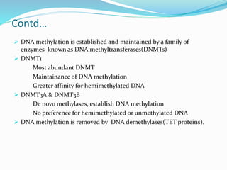 Contd…
 DNA methylation is established and maintained by a family of
enzymes known as DNA methyltransferases(DNMTs)
 DNMT1
Most abundant DNMT
Maintainance of DNA methylation
Greater affinity for hemimethylated DNA
 DNMT3A & DNMT3B
De novo methylases, establish DNA methylation
No preference for hemimethylated or unmethylated DNA
 DNA methylation is removed by DNA demethylases(TET proteins).
 