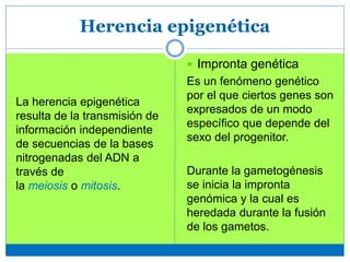 Herencia epigenética
 Impronta genética
Es un fenómeno genético
por el que ciertos genes son
expresados de un modo
específico que depende del
sexo del progenitor.
Durante la gametogénesis
se inicia la impronta
genómica y la cual es
heredada durante la fusión
de los gametos.
La herencia epigenética
resulta de la transmisión de
información independiente
de secuencias de la bases
nitrogenadas del ADN a
través de
la meiosis o mitosis.
 