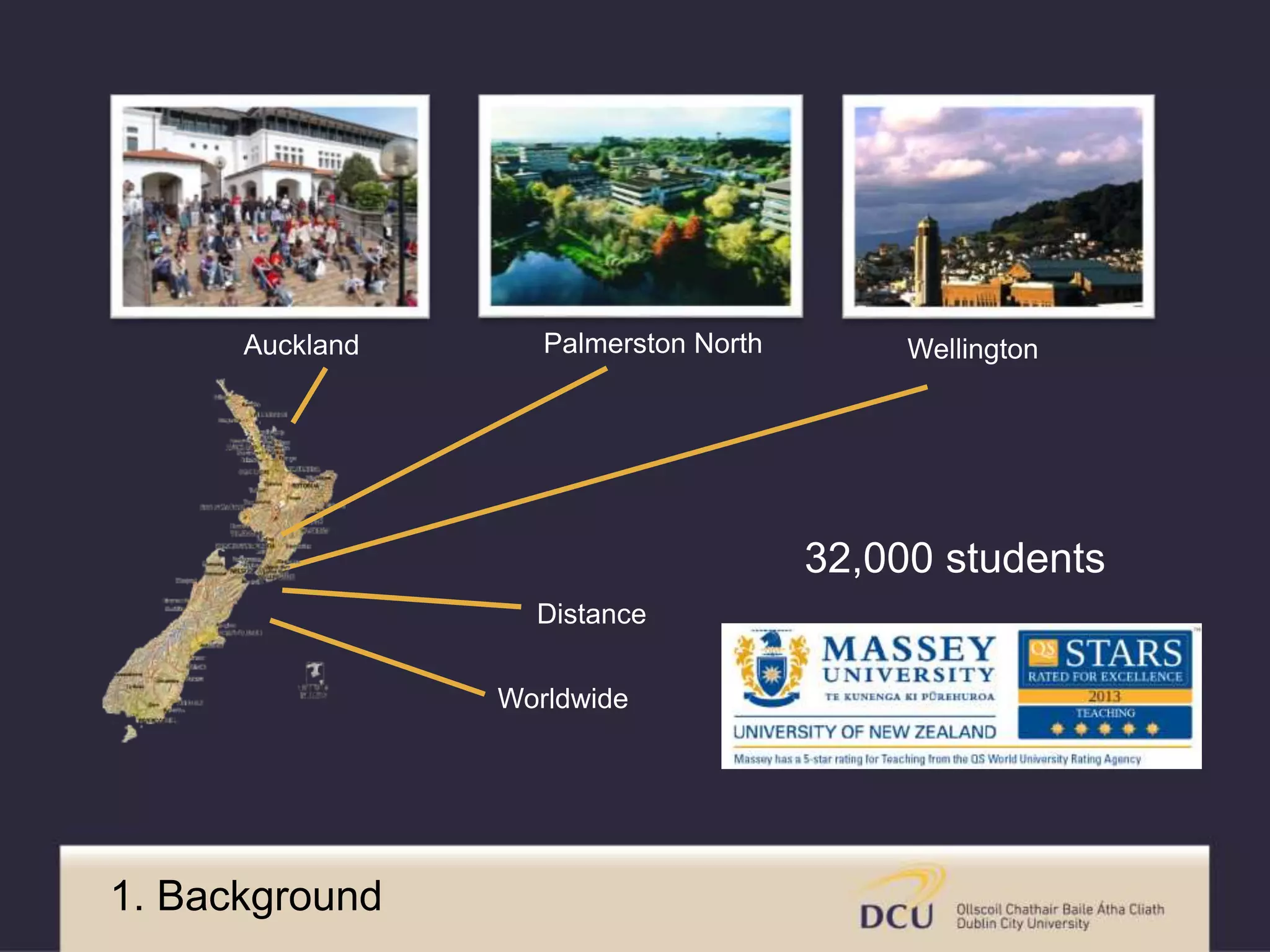 Auckland Palmerston North Wellington 
Distance 
Worldwide 
32,000 students 
1. Background 
 