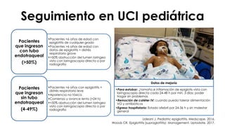 Seguimiento en UCI pediátrica
•Pacientes <6 años de edad con
epiglotitis de cualquier grado
•Pacientes >6 años de edad con
datos de epiglotitis + distrés
respiratorio grave
•>50% obstrucción del lumen laríngeo
visto con laringoscopia directa o por
radiografía
Pacientes
que ingresan
con tubo
endotraqueal
(>50%)
•Pacientes >6 años con epiglotitis +
distrés respiratorio leve
•Apariencia no tóxica
•Comienzo y avance lento (>24 h)
•<50% obstrucción del lumen laríngeo
visto con laringoscopia directa o por
radiografía
Pacientes
que ingresan
sin tubo
endotraqueal
(4-49%)
Udeani J. Pediatric epiglottitis. Medscape. 2016.
Woods CR. Epiglottitis (supraglottitis): Management. Uptodate. 2017.
Datos de mejoría
•Para extubar: ↓tamaño e inflamación de epiglotis vista con
laringoscopia directa cada 24-48 h por mín. 3 días; poder
tragar sin problemas
•Remoción de catéter IV: cuando pueda tolerar alimentación
VO y antibióticos
•Egreso hospitalario: Estado afebril por 24-36 h y sin malestar
general
 