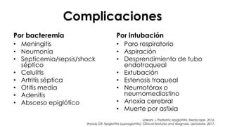 Complicaciones
Por bacteremia
• Meningitis
• Neumonía
• Septicemia/sepsis/shock
séptico
• Celulitis
• Artritis séptica
• Otitis media
• Adenitis
• Absceso epiglótico
Por intubación
• Paro respiratorio
• Aspiración
• Desprendimiento de tubo
endotraqueal
• Extubación
• Estenosis traqueal
• Neumotórax o
neumomediastino
• Anoxia cerebral
• Muerte por asfixia
Udeani J. Pediatric epiglottitis. Medscape. 2016.
Woods CR. Epiglottitis (supraglottitis): Clinical features and diagnosis. Uptodate. 2017.
 