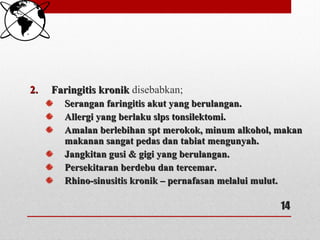 2.2. Faringitis kronikFaringitis kronik disebabkan;
Serangan faringitis akut yang berulangan.Serangan faringitis akut yang berulangan.
Allergi yang berlaku slps tonsilektomi.Allergi yang berlaku slps tonsilektomi.
Amalan berlebihan spt merokok, minum alkohol, makanAmalan berlebihan spt merokok, minum alkohol, makan
makanan sangat pedas dan tabiat mengunyah.makanan sangat pedas dan tabiat mengunyah.
Jangkitan gusi & gigi yang berulangan.Jangkitan gusi & gigi yang berulangan.
Persekitaran berdebu dan tercemar.Persekitaran berdebu dan tercemar.
Rhino-sinusitis kronik – pernafasan melalui mulut.Rhino-sinusitis kronik – pernafasan melalui mulut.
14
 