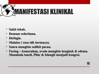 MANIFESTASI KLINIKAL
• Sakit tekak.Sakit tekak.
• Demam sederhana.Demam sederhana.
• Disfagia.Disfagia.
• Malaise ( rasa tdk bermaya).Malaise ( rasa tdk bermaya).
• Suara mungkin sedikit parau.Suara mungkin sedikit parau.
• Faring – kemerahan, uvula mungkin bengkak & edema.Faring – kemerahan, uvula mungkin bengkak & edema.
Manakala tonsil, Pilar & lelangit menjadi kongesi.Manakala tonsil, Pilar & lelangit menjadi kongesi.
15
 