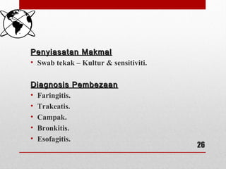 Penyiasatan MakmalPenyiasatan Makmal
• Swab tekak – Kultur & sensitiviti.
Diagnosis PembezaanDiagnosis Pembezaan
• Faringitis.
• Trakeatis.
• Campak.
• Bronkitis.
• Esofagitis.
26
 