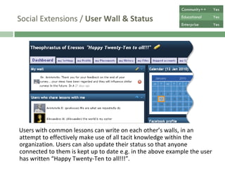 Social Extensions /  User Wall & Status Users with common lessons can write on each other’s walls, in an attempt to effectively utilize tacit knowledge within the organization. Users can also update their status, to keep anyone connected up to date e.g. the above user has written “Happy Twenty-Ten to all!!!”.  Community++ Yes Educational Yes Enterprise Yes 