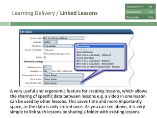 Learning Delivery /  Linked Lessons A very useful and ergonomic feature for creating lessons, which permits the sharing of specific data between lessons e.g. a video in one lesson can be used in other lessons. This saves time and space, as the data is only stored once. As you can see above, such a link is easily achieved by sharing a folder with existing lessons. Community++ No Educational Yes Enterprise Yes 
