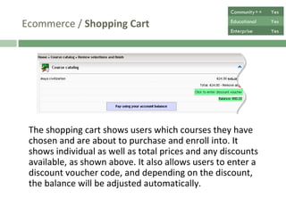 Ecommerce /  Shopping Cart Shows users which courses they have chosen to purchase and enroll into, indicating individual as well as total prices and any discounts available, as shown above. Offering a discount feature, it also allows users to enter a discount voucher code, which accordingly will adjust the balance automatically. Community++ Yes Educational Yes Enterprise Yes 