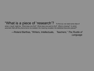 “What is a piece of ‘research’?                                          To find out, we need some idea of
what a ‘result’ might be. What does one find? What does one want to find? What is missing? In which
axiomatic field will the phenomenon be isolated, the meaning revealed, the statistical discovery placed?”

         —Roland Barthes, “Writers, Intellectuals,                       Teachers,” The Rustle of
                                                                                       Language
 