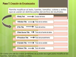 Paso 7. Creación de Encabezados 
Permite modificar el texto, fuentes, tamaños, colores y estilos 
que se usarán en distintas partes del archivo de resultados. 
0 Body Text Cuerpo del texto 
1 Window Title Título de la ventana 
2 File Title Título del archivo 
3 Data Sourse Title Título de la fuente de datos 
4 Procedure Title Título del procedimiento 
5 Variable Title Título de la variable 
6 Stratum Title Título del estrato 
En cada uno de los casos anteriores se puede escoger para modificar las 
fuentes, tamaños, colores y estilos. 
 