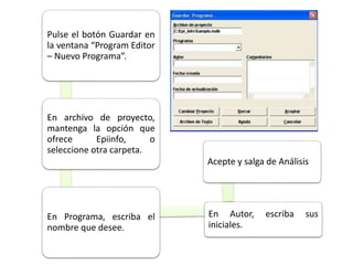 Pulse el botón Guardar en
la ventana “Program Editor
– Nuevo Programa”.
En archivo de proyecto,
mantenga la opción que
ofrece Epiinfo, o
seleccione otra carpeta.
En Programa, escriba el
nombre que desee.
En Autor, escriba sus
iniciales.
Acepte y salga de Análisis
 
