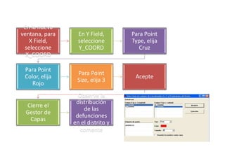 En la nueva
ventana, para
X Field,
seleccione
X_COORD
En Y Field,
seleccione
Y_COORD
Para Point
Type, elija
Cruz
Para Point
Color, elija
Rojo
Para Point
Size, elija 3
Acepte
Cierre el
Gestor de
Capas
Observe la
distribución
de las
defunciones
en el distrito y
comente
 