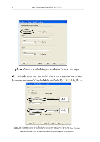 76                                 บทที่ 5 การตรวจสอบขอมูลนําเขาดวย Data Compare




      รูปที่ 5.13 หนาตางการกําหนดชื่อแฟมขอมูลและตารางขอมูลของโปรแกรม Data Compare

  . จากขอมูลชื่อ Project และ Table ในขอขางตน สามารถนํามาระบุบนหนาตางเริ่มตนของ
โปรแกรมยอย Data Compare ได เมื่อแลวเสร็จจึงเลื่อนเมาสไปคลิกที่ปุม  ดังรูปที่ 5.14




                                                                                          แฟมที่ 1



                                                                                          แฟมที่ 2




     รูปที่ 5.14 หนาตางผลการกําหนดชื่อแฟมขอมูลและตารางขอมูลของโปรแกรม Data Compare
             ผูชวยศาสตราจารยพงษเดช สารการ ภาควิชาชีวสถิติและประชากรศาสตร คณะสาธารณสุขศาสตร มหาวิทยาลัยขอนแกน
 