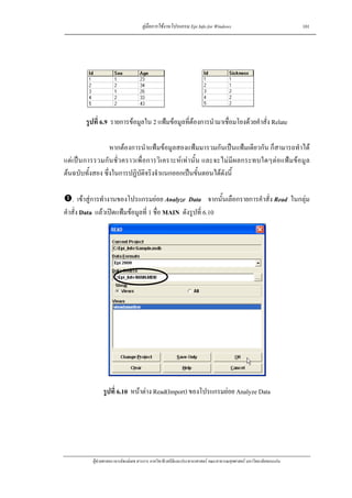 คูมือการใชงานโปรแกรม Epi Info for Windows                                    101




        รูปที่ 6.9 รายการขอมูลใน 2 แฟมขอมูลที่ตองการนํามาเชื่อมโยงดวยคําสั่ง Relate

                  หากตองการนําแฟมขอมูลสองแฟมมารวมกันเปนแฟมเดียวกัน ก็สามารถทําได
แตเ ป นการรวมกั น ชั่ว คราวเพื่ อการวิเ คราะหเ ทานั้น และจะไม มีผลกระทบใดๆตอ แฟมขอมู ล
ตนฉบับทั้งสอง ซึ่งในการปฏิบัติจริงจําแนกออกเปนขั้นตอนไดดังนี้

   . เขาสูการทํางานของโปรแกรมยอย Analyze Data จากนั้นเลือกรายการคําสั่ง Read ในกลุม
คําสั่ง Data แลวเปดแฟมขอมูลที่ 1 ชื่อ MAIN ดังรูปที่ 6.10




                รูปที่ 6.10 หนาตาง Read(Import) ของโปรแกรมยอย Analyze Data




           ผูชวยศาสตราจารยพงษเดช สารการ ภาควิชาชีวสถิติและประชากรศาสตร คณะสาธารณสุขศาสตร มหาวิทยาลัยขอนแกน
 