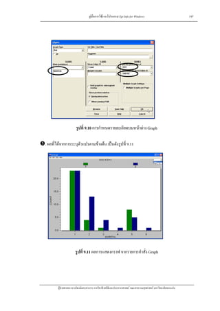 คูมือการใชงานโปรแกรม Epi Info for Windows                                    197




                       รูปที่ 9.10 การกําหนดรายละเอียดบนหนาตาง Graph

. ผลที่ไดจากการระบุตัวแปรตามขางตน เปนดังรูปที่ 9.11




                      รูปที่ 9.11 ผลการแสดงกราฟ จากรายการคําสั่ง Graph




        ผูชวยศาสตราจารยพงษเดช สารการ ภาควิชาชีวสถิติและประชากรศาสตร คณะสาธารณสุขศาสตร มหาวิทยาลัยขอนแกน
 