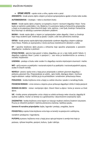 2 KNJIŽEVNI POJMOVI
 EPSKE VRSTE – epske vrste u stihu, epske vrste u prozi
ANEGDOTA – krade prozno djelo u kojem ješaljivoispripovijedana zgoda iz života neke osobe.
AUTOBIOGRAFIJA – životopis – tekst o vlastitom životu
BAJKA – krade epsko djelo u kojemu se isprepliću stvarni i nestvarni događaji i likovi. Tema
bajke je najčešće sukob dobra i zla. Moderna ili suvremena bajka je fantastična pripovijetka
u kojoj se ne pojavljuju likovi klasičnih bajki (vile, vještice...) već ljudi, životinje i fantastična
bića kroz koje se obrađuju suvremeni društveni problemi.
BASNA – krade epsko djelo u kojem je ispripovijedan jedan događaj. Likovi su životinje
koje imaju osobine ljudi. Istaknuta je pouka i uvijek u sebi nosi preneseno značenje.
CRTICA -krade prozno epsko djelo koje pripovijeda o jednom događajuu kojem sudjeluje
malo likova. Prožeta je osjećajnošću i često završava neočekivanim obratom u radnji.
EP – opsežno književno djelo pisano u stihovima koje opsežno pripovijeda o poznatim
događajima i osobama iz prošlosti
EPSKA PJESMA - pjesma koja govori o kakvu događaju, pa se u njoj može pratiti fabula. U
događaju sudjeluju likovi ( junaci iz povijesti ) . ova vrsta je karakteristična za usmenu /
narodnu književnost
LEGENDA - predaja o životu neke osobe ili o događaju nastala miješanjem stvarnosti i mašte.
MIT – priča vezana uz podrijetlo i nastanaksvijetailiuz podrijetlo i nastanakpojedinih pojava,
osoba ili čitavih naroda.
NOVELA – prozna epska vrsta u kojoj pisac pripovijeda o jednom glavnom događaju i
jednomu glavnom liku. Pripovijedanje je sažeto , opisi kratki, dijalog je zbijen. Završava
naglimobratom radnje i težište joj je na psihološkom i emotivnom prikazivanju likova.
POSLOVICA - kratka književna vrsta u kojoj su sažeta iskustva i pouke iz narodnog života.
POVIJESNI ROMAN – vrsta romana u kojemu pisac prikazuje događaje iz bliže ili dalje povijesti
ROMAN ZA DJECU - roman namijenjen djeci. Glavni likovi su djeca i tema je vezana uz život
djece.
VIC – kratka prozna pripovjedna vrsta u kojoj se sažeto ocrtavaju neke situacije, događaji ili
ljudske sudbine. Humor se temelji na suprotnostima i dvosmislenim značenjima riječi.
ZAGONETKA - kratka književna vrsta kojom se iskazuje mudrost stečena životnim iskustvom.
Pisana je slikovitim jezikom i riječima prenesena značenja. Sadržava pouku.
Usmene ili narodne pripovijetke: bajke, legende i predaje, anegdote, basne
POVJESTICA je epska lirska književna vrsta koja se temelji na povijesnim sadržajima,
narodnim predajama i legendama.
PUTOPIS je prozna književna vrsta u kojoj pisac opisuje krajeve iz zemlje kroz koje je
putovao, njihove krajolike, povijest, kulturu, ljude i običaje.
 