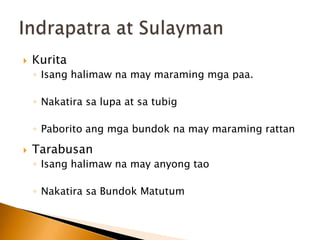 KuritaIsanghalimawna may maramingmgapaa.Nakatirasalupa at satubigPaboritoangmgabundokna may maraming rattanIndrapatra at SulaymanTarabusan
