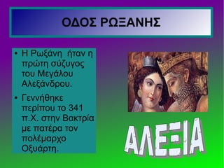 ΟΔΟΣ ΡΩΞΑΝΗΣ
● Η Ρωξάνη ήταν η
πρώτη σύζυγος
του Μεγάλου
Αλεξάνδρου.
● Γεννήθηκε
περίπου το 341
π.Χ. στην Βακτρία
με πατέρα τον
πολέμαρχο
Οξυάρτη.
 