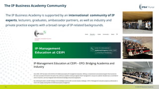 © 2025 IP Business Academy
The IP Business Academy Community
- 15 -
The IP Business Academy is supported by an international community of IP
experts, lecturers, graduates, ambassador partners, as well as industry and
private practice experts with a broad range of IP-related backgrounds.
 