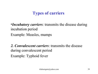 Types of carriers

•Incubatory carriers: transmits the disease during
incubation period
Example: Measles, mumps

2. Convalescent carriers: transmits the disease
during convalescent period
Example: Typhoid fever


                  tilahunigatu@yahoo.com             39
 