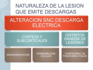 ALTERACION SNC DESCARGA
ELECTRICA
CORTEZA Y
SUBCORTICALES
DESAFERENTACION
PERMEABILIDAD
CELULAR
DISTINTOS
GRADOS DE
LESIONES
COMPROMISO DE
FUNCIONES VITALES
NATURALEZA DE LA LESION
QUE EMITE DESCARGAS
 
