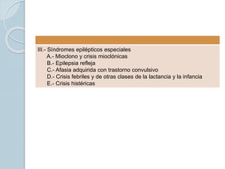 III.- Síndromes epilépticos especiales
A.- Mioclono y crisis mioclónicas
B.- Epilepsia refleja
C.- Afasia adquirida con trastorno convulsivo
D.- Crisis febriles y de otras clases de la lactancia y la infancia
E.- Crisis histéricas
 