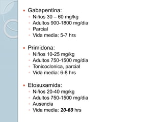  Gabapentina:
◦ Niños 30 – 60 mg/kg
◦ Adultos 900-1800 mg/dia
◦ Parcial
◦ Vida media: 5-7 hrs
 Primidona:
◦ Niños 10-25 mg/kg
◦ Adultos 750-1500 mg/dia
◦ Tonicoclonica, parcial
◦ Vida media: 6-8 hrs
 Etosuxamida:
◦ Niños 20-40 mg/kg
◦ Adultos 750-1500 mg/dia
◦ Ausencia
◦ Vida media: 20-60 hrs
 