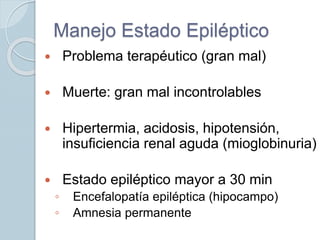 Manejo Estado Epiléptico
 Problema terapéutico (gran mal)
 Muerte: gran mal incontrolables
 Hipertermia, acidosis, hipotensión,
insuficiencia renal aguda (mioglobinuria)
 Estado epiléptico mayor a 30 min
◦ Encefalopatía epiléptica (hipocampo)
◦ Amnesia permanente
 