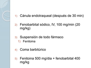 1) Cánula endotraqueal (después de 30 min)
2) Fenobarbital sódico, IV, 100 mg/min (20
mg/kg)
3) Suspensión de todo fármaco
1) Fenitoina
4) Coma barbitúrico
5) Fenitoina 500 mg/dia + fenobarbital 400
mg/kg
 